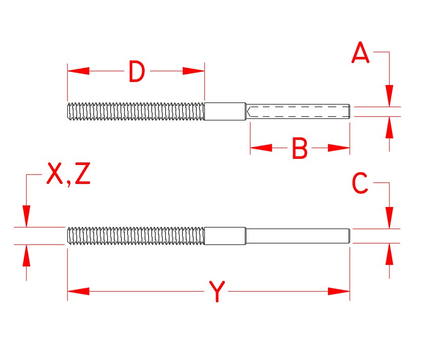 Stainless Steel Hand Swage Standard Stud, S0731-H0703, S0731-H0705, S0732-H0703, S0732-H0705, Line Drawing